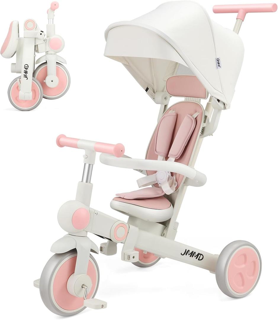 JMMD Baby Tricycle, 7-in-1 Foldable Kids Trike with Adjustable Parent Handle, Safety Harness & Wheel Brakes, Removable Canopy, Stroll Trike for Boys & Girls Ages 18 Months-5 Years, Pink, Medium