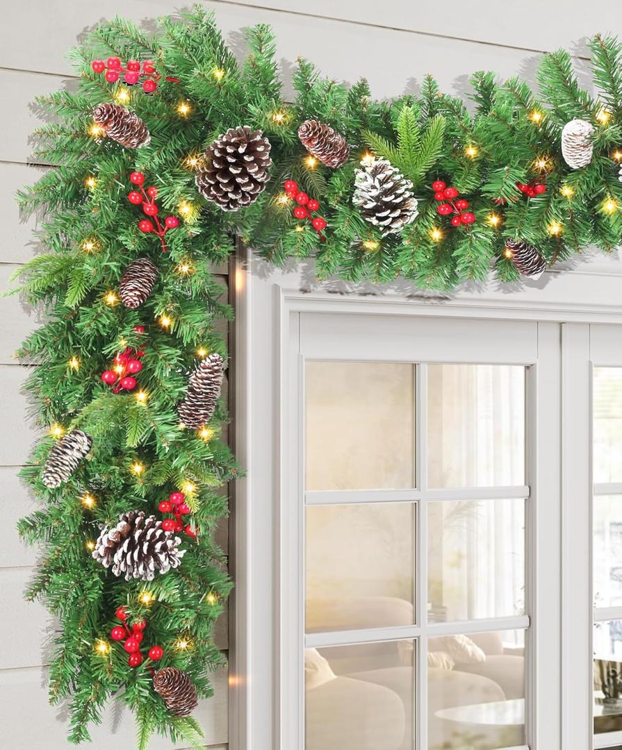Pre-lit Christmas Garland 9FT with 100 Warm Lights, Battery Operated Xmas Garland with Pine Cedar Cones & Red Berries, Christmas Decoration for Mantle Fireplace Stair Railing Porch