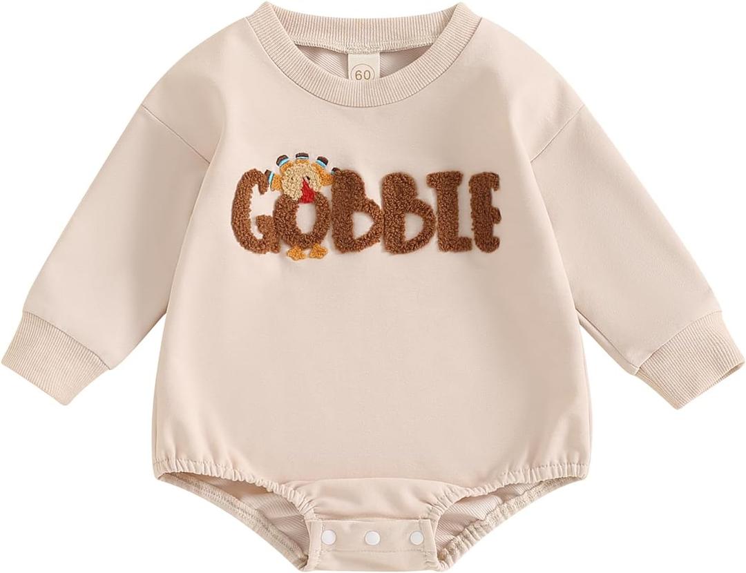 Gueuusu Unisex Baby Boy Girl Thanksgiving Outfit Gobble Turkey Bodysuit Embroidery Long Sleeve Bubble Romper Cute Baby Outfit (Beige)