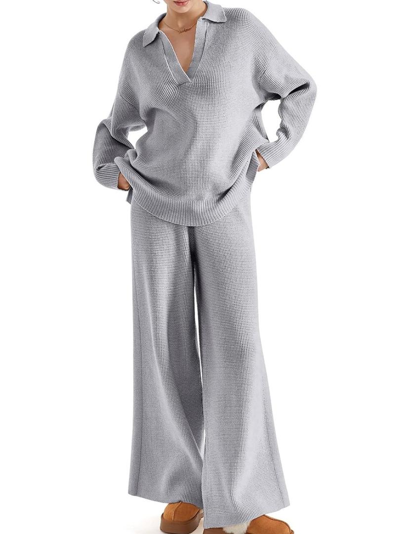 Anrabess Women 2 piece Fall outfits Matching Lounge Set Waffle Knit Sweater sets XL