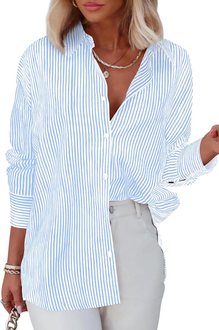 Diosun Women's Striped Button Down Shirts Classic Long Sleeve Stylish Collared Office Work Blouses Tops (X-Small, Light Blue)