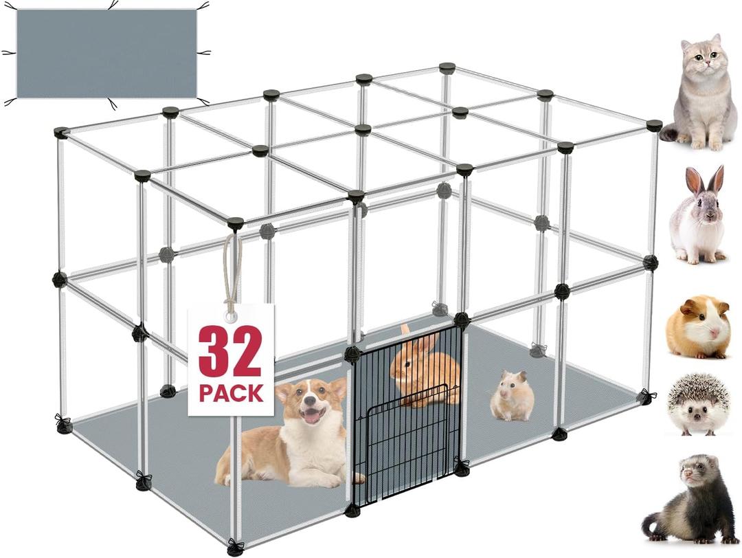 32 Panels Small Animal Playpen, 48" x 32" x 24" Transparent Playpen with Waterproof Mat, Plastic Enclosure, Puppy Play Pen for Chicken, Pet Fence for Guinea Pigs, Bunny, Ferrets, Hamsters, Hedgehogs Indoor
