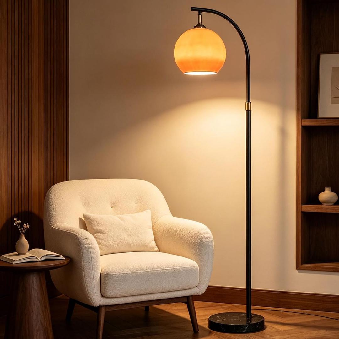 Arc Floor Lamp Mid Century Modern Orange Floor Lamp Height Adjustable Globe Glass Standing Lamp with E26 3-Color Temperature Marble Tall Light for Living Room Bedroom Study(Includes Bulb)