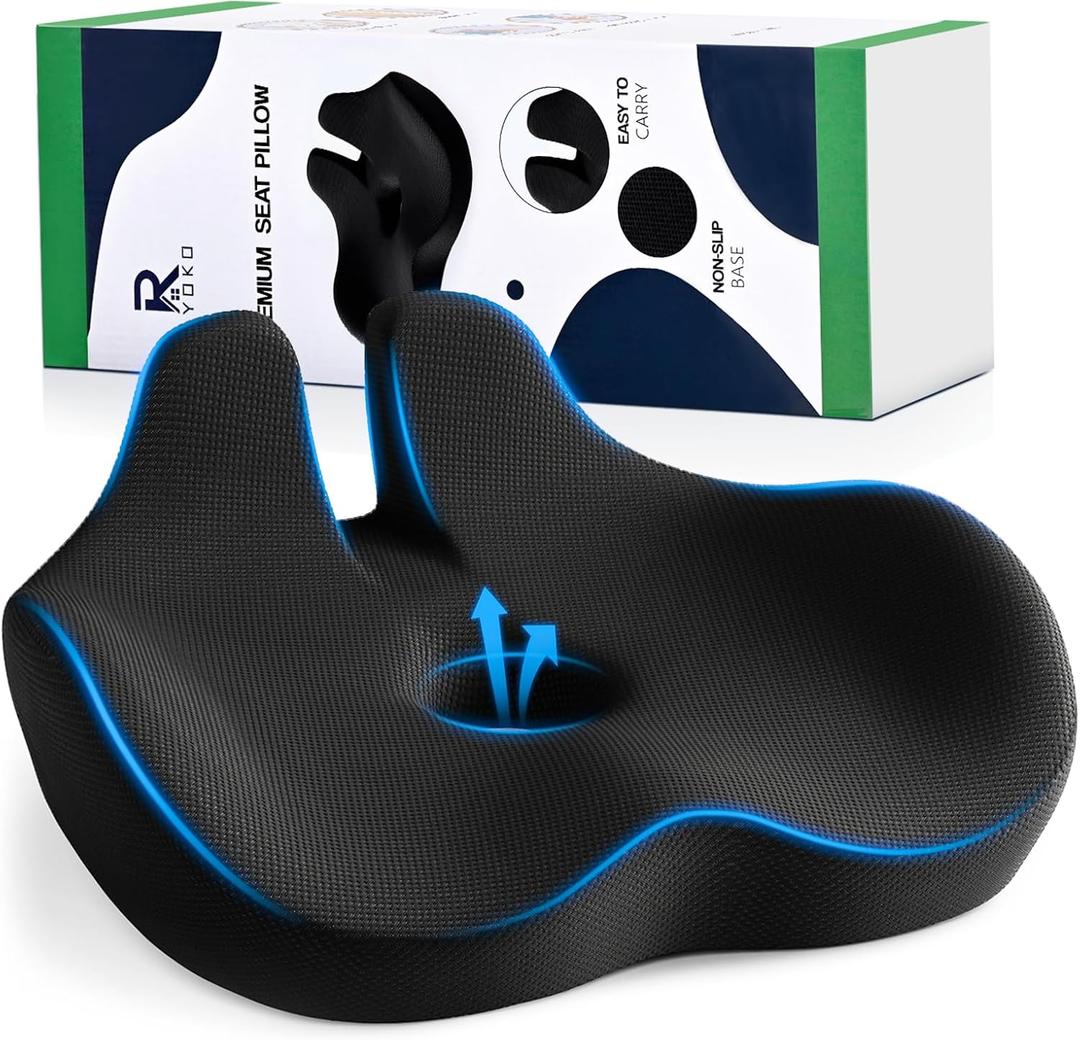 Ryoko Seat Cushion, X Large Memory Seat Cushion for Office Chairs, Car Seat, Airplane, Wheelchair, Pressure Relief Sciatica and Tailbone Pain Relief for Long Sitting Office Workers, Car Drivers (Black)