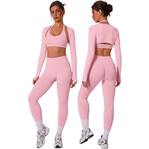 3 Piece Workout Sets for Women Seamless Halter Sports Bra High Waist Leggings Long Sleeve Shrug Gym Yoga Outfits, Small