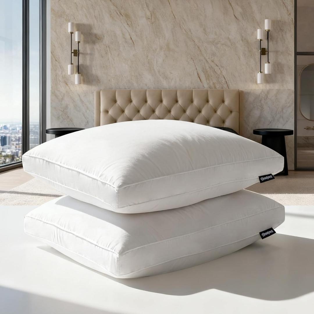 Beautyrest Goose Feather Down Fiber Gusseted Pillows, Firm Hotel Pillow Luxury Bed Pillows, 100% Cotton Cover, Queen/Jumbo Size Set of 2