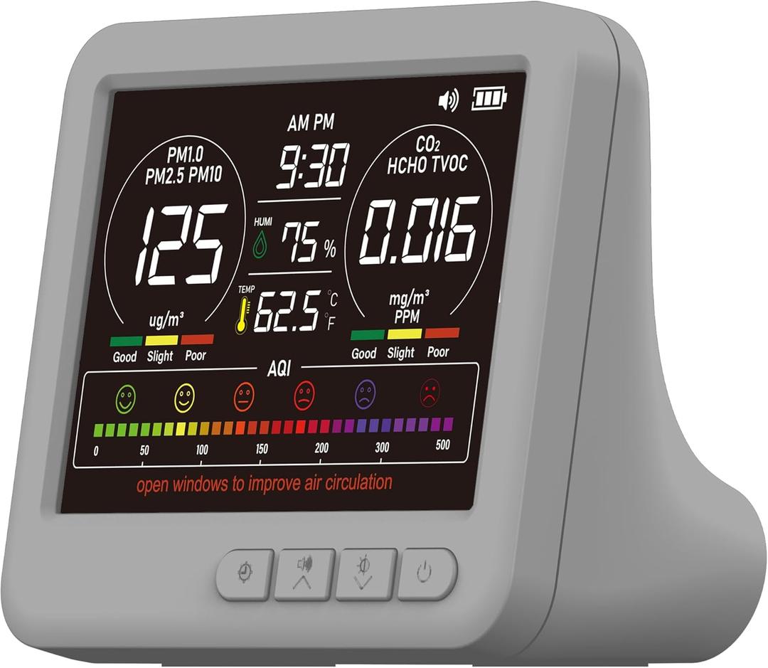 Professional Indoor Air Quality Monitor with 7X AQI,16 in 1 Portable Real-Time Detector for PM2.5 | PM10 | CO2 | TVOC | HCHO | Temp | Hum for Home Cars Plants Pets (Gray)