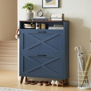 Joaxswe Narrow Shoe Cabinet with 2 Flip Drawers for Entryway,Dark Blue, 9.45"D x 31.5"W x 44.5"H