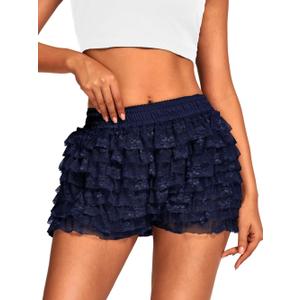 High Waisted Ruffle Shorts for Women Girls, Cute Lace Layered Bloomers, Going Out Mini Micro Bloomer (Medium, Dark Blue)