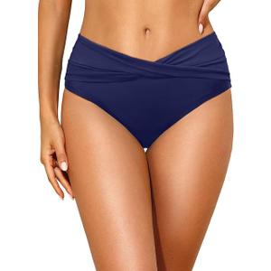 Tempt Me Women Mid Waist Bikini Bottoms - V Cut Bathing Suit Bottoms Twist Front Swimsuit Bottoms Ruched Swimwear 2025 (X-Large)