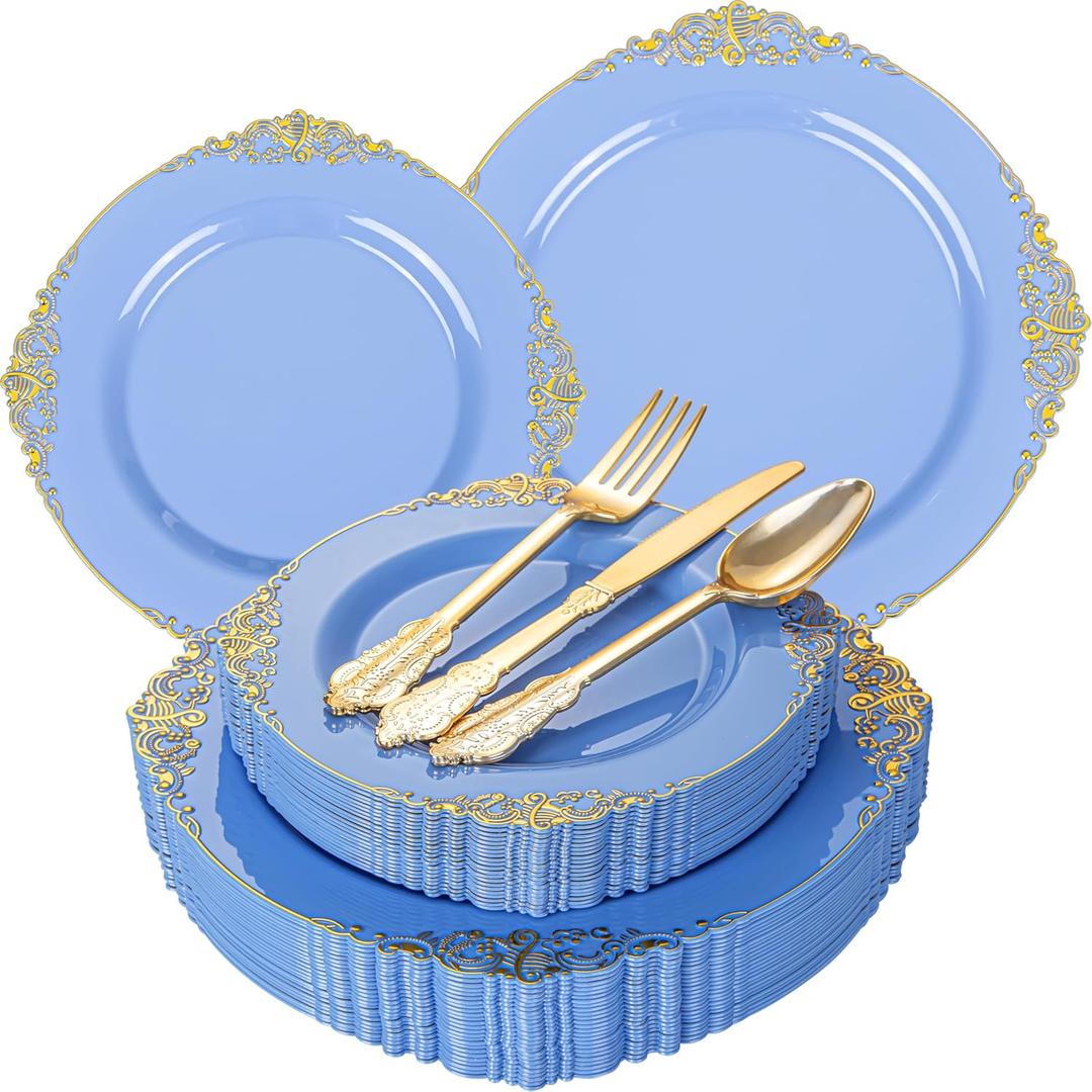 125PCS Blue and Gold Plastic Plates - Airy Blue Disposable Plate - Gorgeous Plates with Gold Plastic Silverware Sets for 25 Guests for Party & Wedding & Spring 125PCS Blue and Gold Plastic Plates - Airy Blue Disposable Plate - Gorgeous Plates with Gold Plastic Silverware Sets for 25 Guests for Party & Wedding & Spring