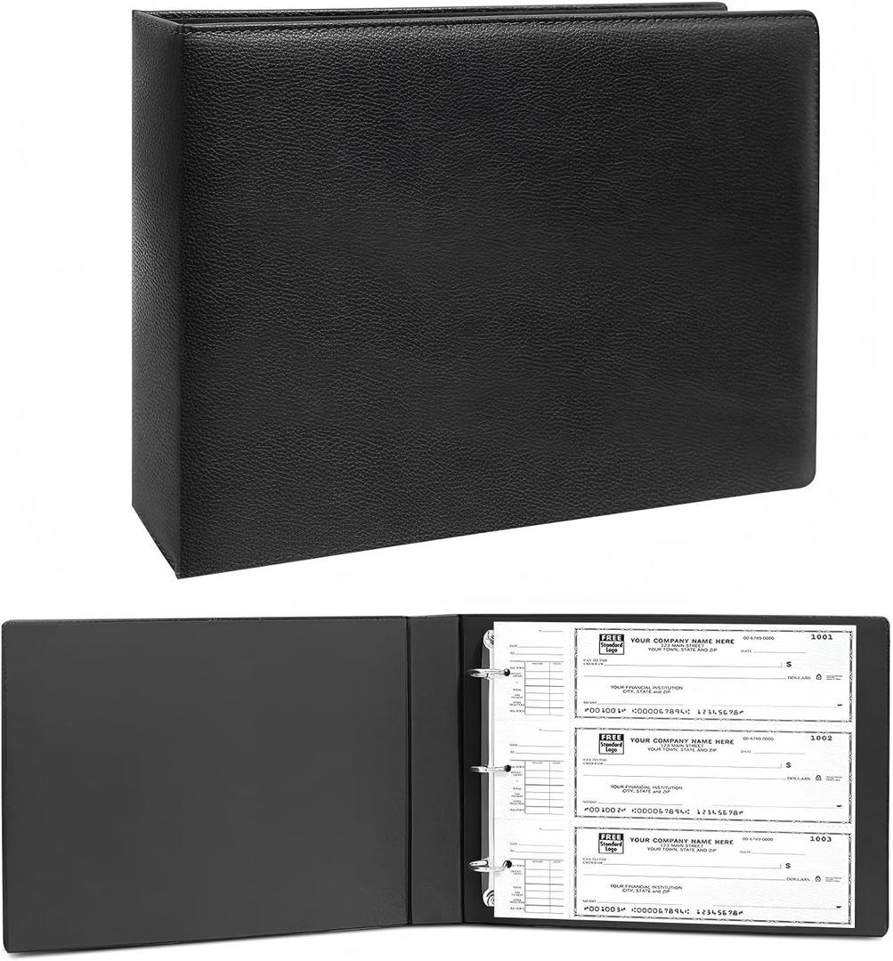 3 Rings Check Binder for End-Stub Deskbook Checks, 3 on a Page, Fit 3 & 9 Holes Check Faux Leather (9.1"x12.5") (Black)