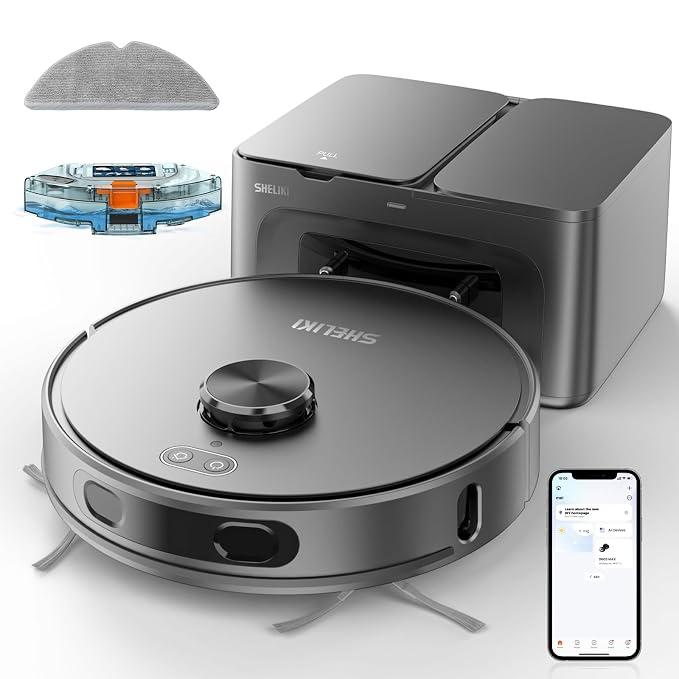 SHELIKI Robot Vacuum and Mop, 3-in-1 Robotic Vacuum Cleaner with 6000Pa Strong Suction, 360° LiDAR Navigation, Smart Mapping,70-Day Self-Emptying Base for Pet Hair, Carpets & Hard Floors