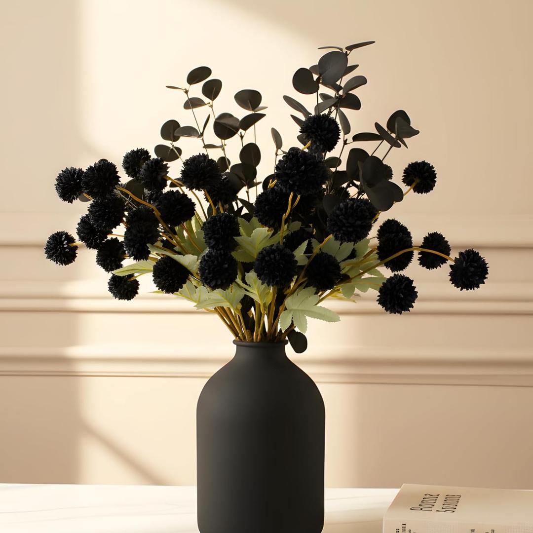 Ryddelig Home Black Artificial Flowers for Centerpieces Bulk 10 Long Stems /50 Small Faux Silk Mum Balls + Black Eucalyptus Stems 2 Branches, Fall Boho Halloween Home Decor Indoor, Gothic Flowers