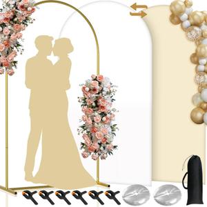 Arch Backdrop Stand and Cover Set, 7.2FT Gold Metal Arch Back Drop Stand with Spandex Arch Background Covers- Balloon Arch Stand Kit for Weddings, Parties, Baby Shower Photo Booths (White+Champange)