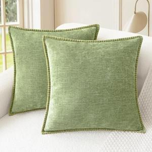 CaliTime Throw Pillow Covers Decorative 20 X 20 Inches Pack of 2 Cotton Thread Stitching Edges Solid Dyed Soft Chenille Cushion Cases for Couch Sofa Bed Living Room Farmhouse Sage Green