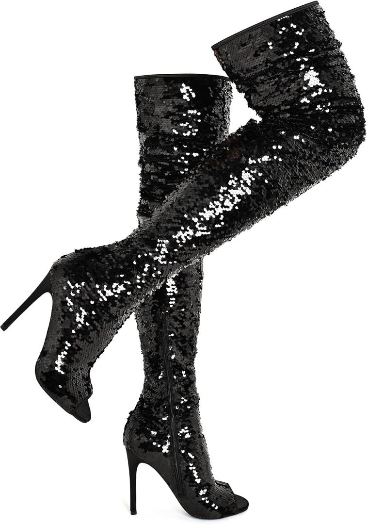 CAMSSOO Thigh High Boots Women's Sequins Over The Knee Boots Fashion Sexy High Heels Sparkle Thigh High Boots Open Toe Party Dance Stiletto Knee High Boots (10, Black)
