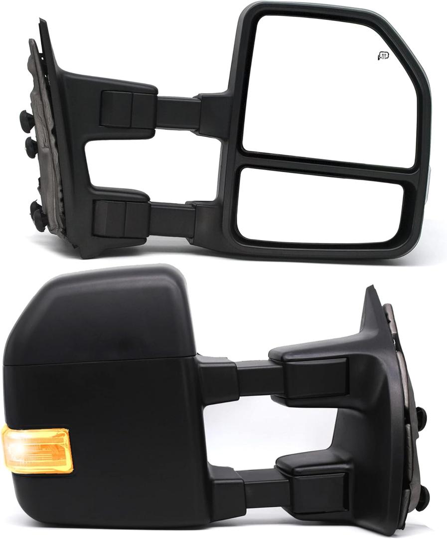 BOOLEE NEW Towing Mirrors fit for 1999-2016 Ford Super Duty F250 F350 F450 F550 Pickup Side Tow Mirrors Heated Power Glass Adjustment Turn Signal LED Auxiliary Light Black Cap Pickup Truck (99-16 F250 350 450 Towing Mirrors Black)