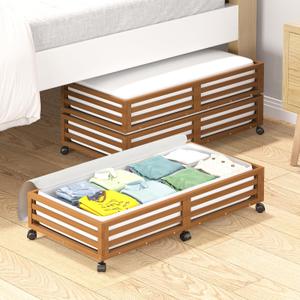 Bamboo Under Bed Storage Containers- Underbed Organizer with Wheels with Large Capacity Dust Bag,Sturdy Wood Rolling Under Bed Shoe Storage Organizer 2 Packs (Walnut, 2 Packs (33.07"16.54"))