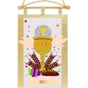 First Communion Banner Kit for Boys Girls 9 x 14 Inch First Holy Communion Banner kits Sunday School DIY Arts and Crafts kit for kids first communion gifts for Boys or Girls (Gold)