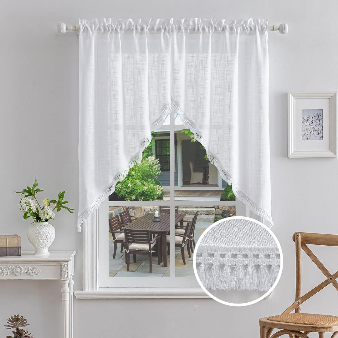 Beda Home Tassel Linen Textured Swag Curtain Valance for Farmhouses Kitchen; Light Filtering Rustic Short Swag Topper for Small Windows Bedroom Privacy Added Rod Pocket Design (White 36x45-2PCs)