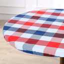 Fitable Independence Day Fitted Table Cover Round, Blue and Red - Waterproof Checkered Elastic Tablecloth Flannel Backed Gingham Table Cloth for Outdoor Picnic Dining (Fit for 36"-44" Round Tables)