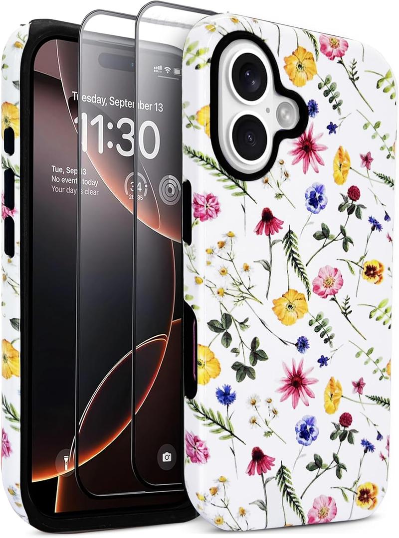 J.west Compatible with iPhone 16 Case 6.1 inch with 2 Pack Tempered Glass Screen Protectors Cute Floral Flowers Hybrid Cover for Girls Women Aesthetic Protective Phone Cases Wildflowers