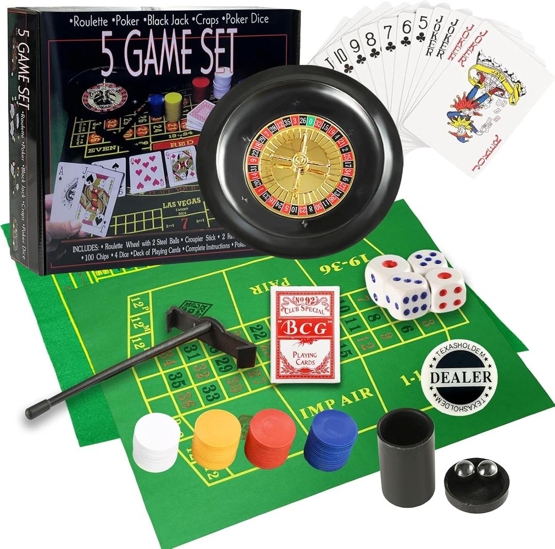 5 in 1 Professional Roulette Wheel Set, 10-inch Gambling Wheel, with 100 Chips, 3 Different Game Table Mats, Rake and Ball, Casino Games Suitable for Roulette and Texas Hold'em