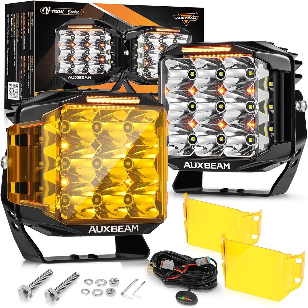 Auxbeam V-MAX Series 7" Led Pods Lights with Amber Covers, 228W 26100LM Spot Flood Combo Offroad Driving Lights with 270 Side Shooter & DRL & Back Light, Cube Ditch Light for Jeep ATV UTV, Pair