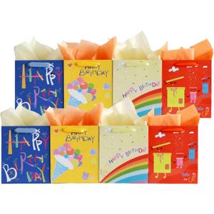 YTJXIbg Birthday Gift Bag Medium Size with Handles &Tissue Paper & Wish Card, 8 Packs 4 Assorted Designs Birthday Bag for Boys Girls.