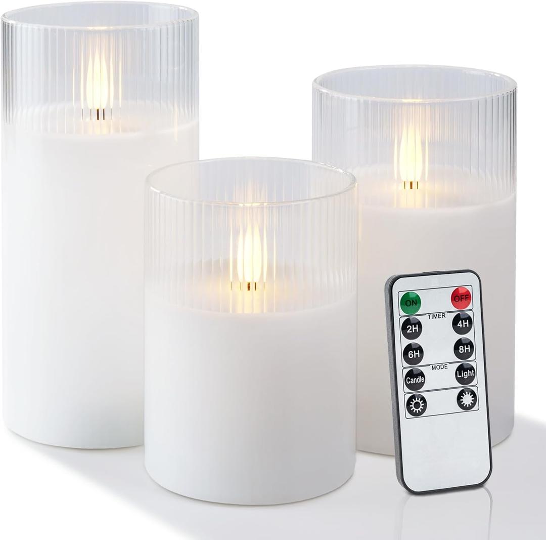 Amagic Glass Flameless Candles with Remote, Battery Operated Candles with Timer, Real Wax LED Pillar Candles with Flickering Flame for Home Wedding Fall Decor, White, Set of 3