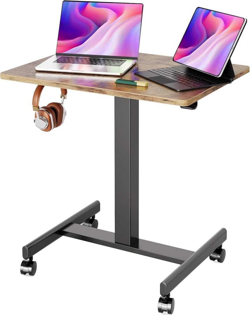 Claiks Mobile Standing Desk, Small Rolling Adjustable Desk with Wheels, Pneumatic Mobile Laptop Desks Workstation with Hook, Rustic Brown