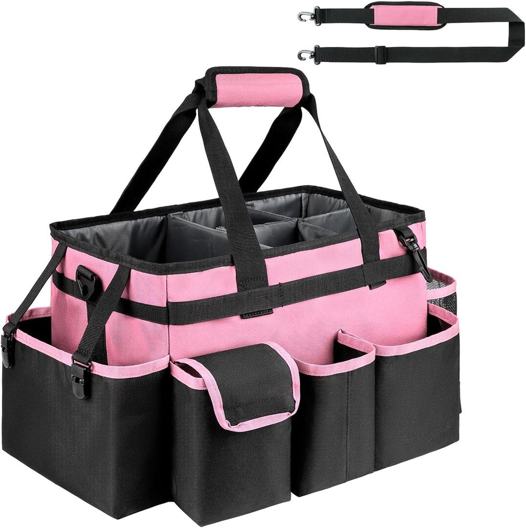 Cleaning Caddy, Large Cleaning Bags for Housekeepers, Cleaning Supplies Organizer with Handle, Pink