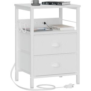 Furologee End Table with Charging Station, Nightstand with Fabric Drawers, Side Tables with USB Ports & Outlets, Night Stand with Storage Shelf & Hooks, for Living Room/Bedroom, White (1 pc) Furologee End Table with Charging Station, Nightstand with Fabric Drawers, Side Tables with USB Ports & Outlets, Night Stand with Storage Shelf & Hooks, for Living Room/Bedroom, White (1 pc)