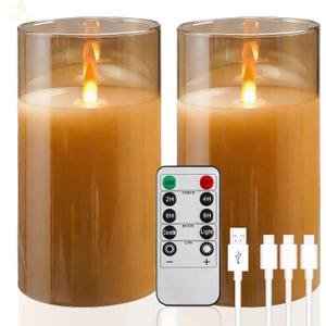 HaitanghuaRechargeable Candles, Remote Control Candles, with Remote Control, 2/4/6/8 Hour Timer Function, USB Rechargeable flameless Candles, Pillar Candles, Gold, 6 inches (2 Pack)