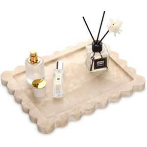 Scalloped Marble Decorative Tray,Luxury Natural Stone Bathroom Vanity Tray, Dresser Top Perfume Coffee Home Kitchen Toilet Sink Tray, Key Trinket Ring (Travertine, 10.8 * 8)