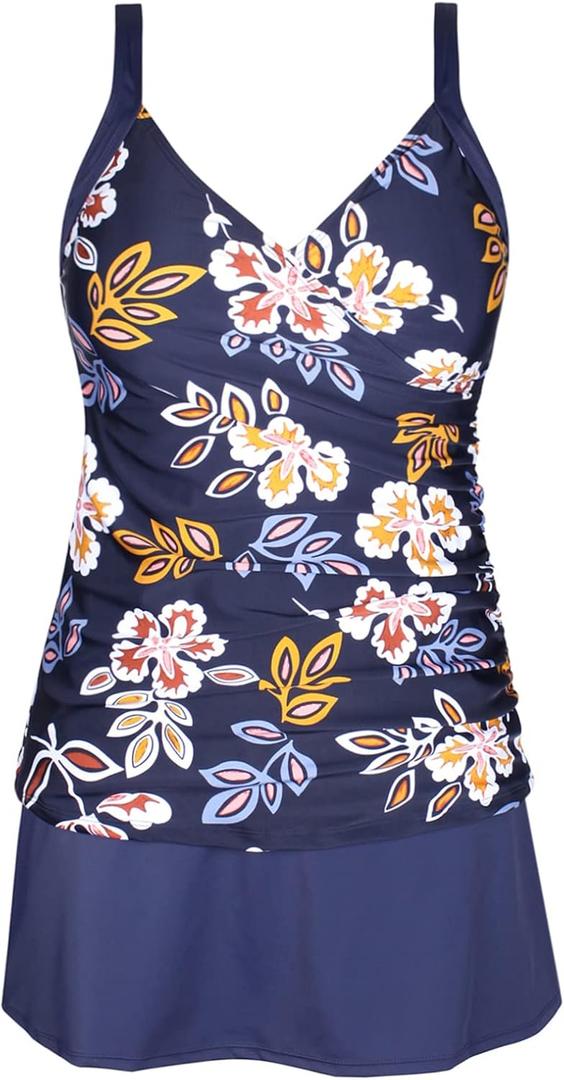 JINXUEER Plus Size Swimsuits Ruched Modest Swimdress Floral Tankini Swimwear Two Piece Skirt Bathing Suit for Women (10, Navyflower)