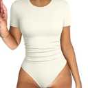 OQQ Women's Crew Neck Short Sleeve Bodysuit Ruched Stretch Vacation Basic for Tops Spring & Summer Beige XL