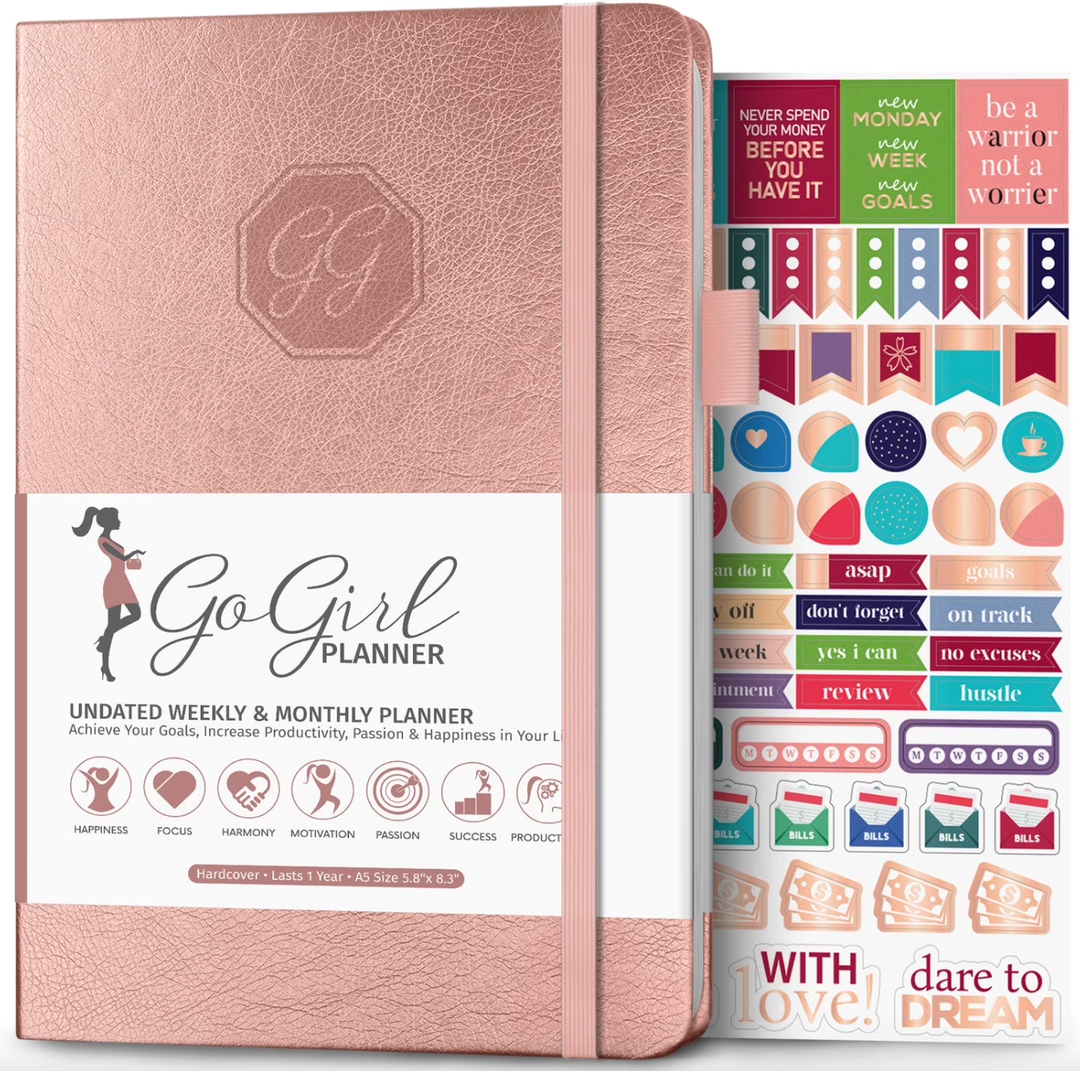 GoGirl Planner and Organizer for Women – Compact Size Weekly Planner, Goals Journal & Agenda to Improve Time Management, Productivity & Live Happier. Undated – Start Anytime, Lasts 1 Year – Rose Gold
