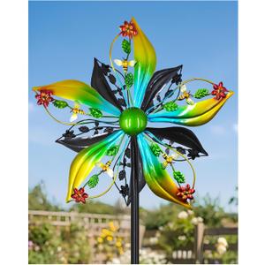Wind Spinners Outdoor,Kinetic Wind Sculptures & Spinners, 57" Double-Side Metal Wind Spinner for Yard and Garden, Lawn Art Decorations Flower & Bee