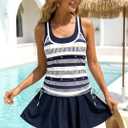 MODLILY Fake 2 in 1 Womens Tankini Bathing Suits, Moderate Coverage Two Piece Swimsuits, Tank Top with Skirts (XL)