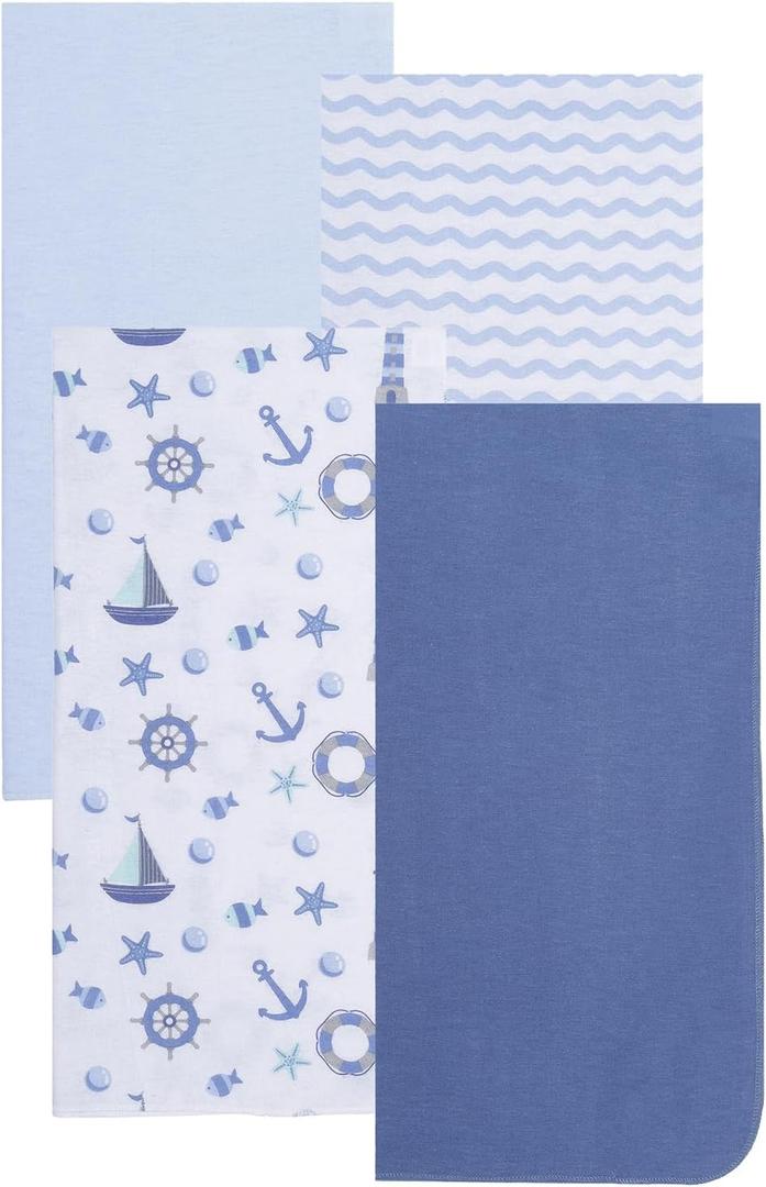 EVERYDAY KIDS 4 Pack of Soft Flannel Receiving Baby Blanket Set for Boys; Blue Baby Swaddle Blankets for Newborn Baby Boy Nursery with Ocean Animals, Sailboats, Lighthouses, Wavy Stripes Prints