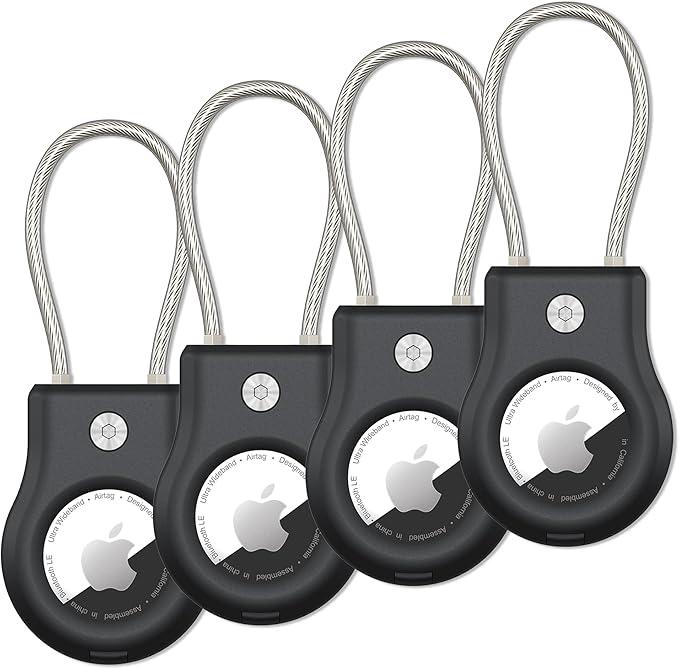 SCALLOP Airtag Holder with Wire Cable, Secure Lock Airtag Keychain,360°Protective Air Tag Case for Keys, Key Chain,Luggage Compatible Apple Air tag (4 Pack)
