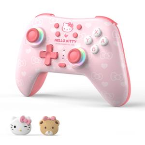 Kuitmor Pink Switch Controller,Hello Kitty Hall Effect Controllers Wireless for Switch 2/1/OLED/Lite,PC,Android,iOS, Bluetooth + Wired + 2.4G Receiver (Sold Separately),1000mAh Battery,6-Axis Gyro,Dual Vibration,RGB Breathing Light