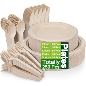 250 Piece Compostable Paper Plates Set with Extra Long Utensils, Sugarcane Fibers Disposable Dinnerware Set, Eco Friendly Biodegradable Plates, Spoons, Forks and Knives for Party, Camping, Picnic (Brown)