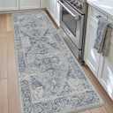 DEXI Kitchen Floor Mats Anti Fatigue, 17x59 Cushioned Vintage Runner Rug Waterproof, Standing Comfort Memory Foam Padded for Front Sink Laundry Office, Light Grey and Blue