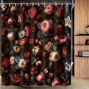 Drgilau Floral Shower Curtain, Black Boho Flower Shower Curtains Vintage Floral Bath Curtain Set Decor, Pink Plant Flower Bathroom Curtains with Hooks for Bathroom Decor 70X90 Inch