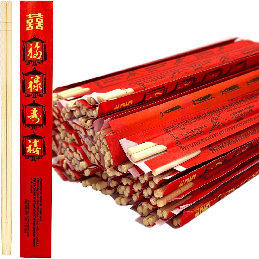 52USA Disposable Bamboo Chopsticks (100 Sets) - 9'' Long, UV Treated, Individually Wrapped Japanese and Chinese Wooden Chopsticks Bulk