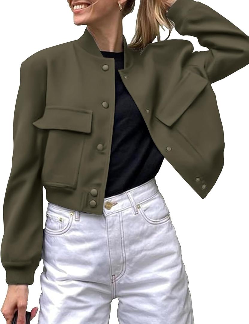 Zeagoo Women Bomber Jacket Casual Button Down Varsity Jackets Shackets With Pockets Outwear (Small, Army Green)