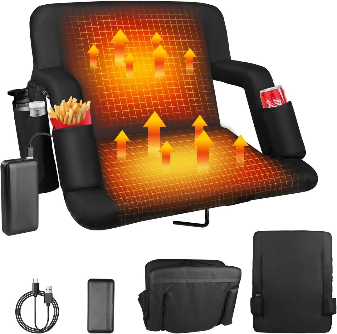 Heated Stadium Seats for Bleachers with Back Support 20 Inch Bleacher Chair with 20000mAh Batter3 Levels Heating Stadium Chair with 6 Reclinng Positions 3 Pockets Portable Waterproof (1, 20inch) (Black 1 Pcs)